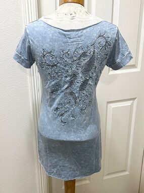 Witness Light Blue Silver Stud/Rhinestone Embellished Short Sleeve T-Shirt - L